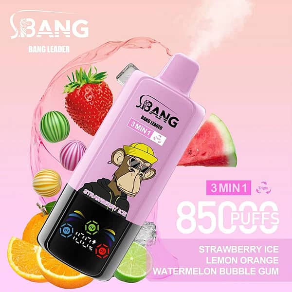 Bang Leader 85 000 zaciągnięć – jednorazowy vape o smaku truskawkowym z lodem, cytrynowo-pomarańczowym i arbuzowo-gumowym, z zestawem smaków 3 w 1