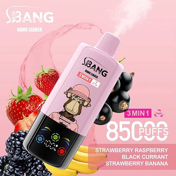Bang Leader – jednorazowy vaporizer 3 w 1 na 85 000 zaciągnięć o smakach truskawkowo-malinowym, czarnej porzeczki oraz truskawkowo-bananowym, z cyfrowym wyświetlaczem