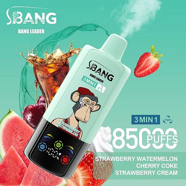 Bang Leader 85 000 zaciągnięć – truskawka i arbuz, wiśniowa cola, truskawkowa śmietanka – jednorazowy vape z zestawem trzech smaków