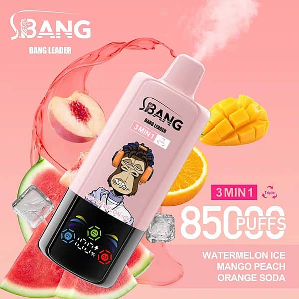 Bang Leader – jednorazowy vape 3 w 1 na 85 000 zaciągnięć o smakach arbuzowego lodu, mango-brzoskwini i pomarańczowego napoju gazowanego, z cyfrowym wyświetlaczem