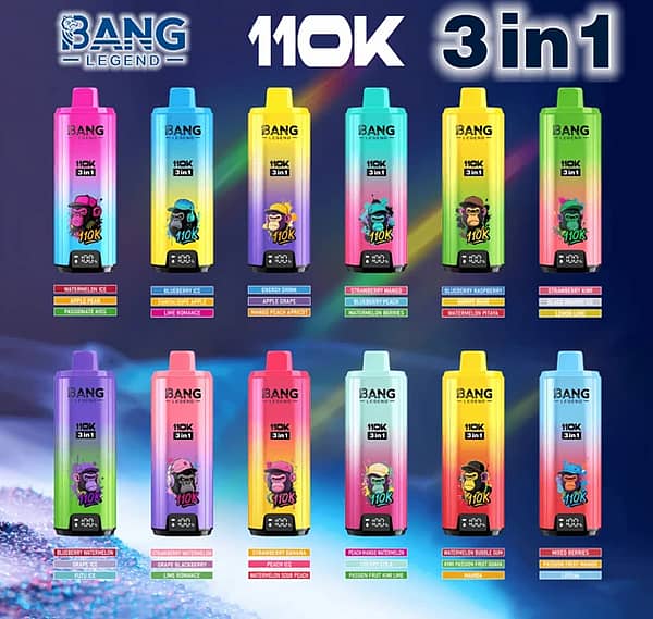 Bang Legend – jednorazowy vape na 110 000 zaciągnięć, dostępny w wielu wariantach smakowych, z koncepcją smaków 3 w 1