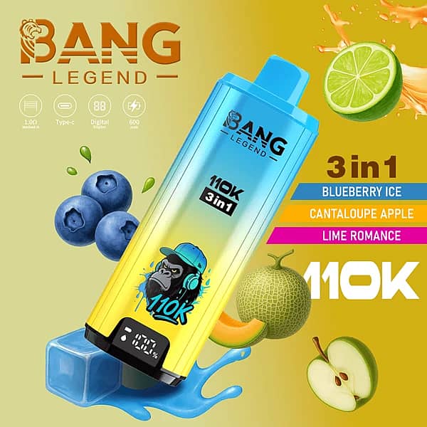 Bang Legend 110 000 zaciągnięć – Blueberry Ice, Cantaloupe Apple, Lime Romance – jednorazowy vape z zestawem smaków 3 w 1