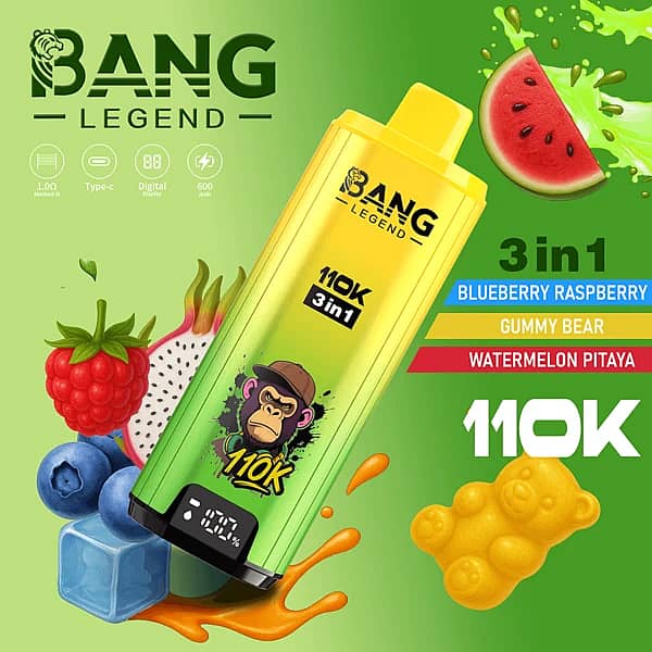 Bang Legend – jednorazowy vaporizer 3 w 1 o pojemności 110 000 zaciągnięć, w smakach jagoda-malina, żelki i arbuz-pitaja, wyposażony w wyświetlacz cyfrowy