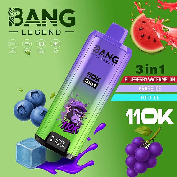 Bang Legend – jednorazowy vape z wyświetlaczem cyfrowym, 110 000 zaciągnięć, smaki 3 w 1: jagoda i arbuz, winogrono z lodem oraz Futu Ice