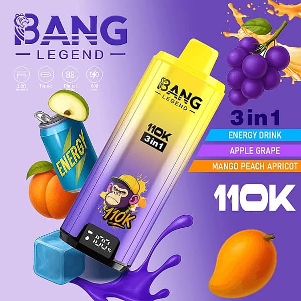 Bang Legend 110 000 zaciągnięć – jednorazowy vape 3 w 1 o smaku napoju energetycznego, jabłkowo-winogranowym oraz mango-brzoskwiniowo-morelowym, z wyświetlaczem cyfrowym