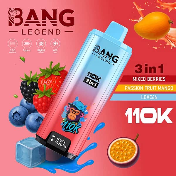 Bang Legend 110 000 zaciągnięć – 3 w 1: mieszanka jagód, marakuja i mango – jednorazowy vape Love66 z wyświetlaczem cyfrowym