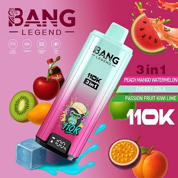 Bang Legend – jednorazowy vape 3 w 1 o pojemności 110 000 zaciągnięć, w smakach mieszanki owocowej i coli, wyposażony w wyświetlacz cyfrowy