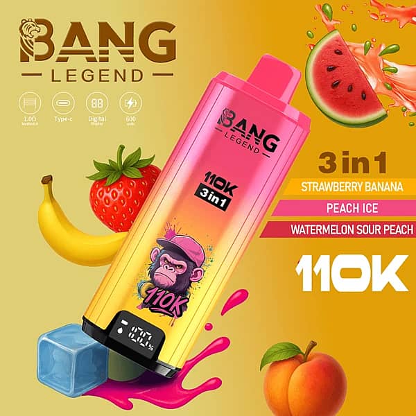 Jednorazowy vape Bang Legend 110 000 zaciągnięć w wersji 3 w 1 o smakach truskawkowo-bananowym, brzoskwiniowo-mrożonym oraz arbuzowo-kwaśno-brzoskwiniowym