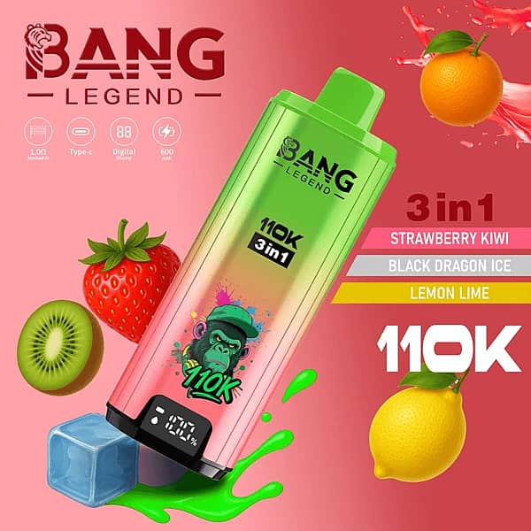 Bang Legend – jednorazowy vape 3 w 1 o smaku truskawkowo-kiwi, Black Dragon Ice oraz cytrynowo-limonkowym, 110 000 zaciągnięć, z wyświetlaczem cyfrowym