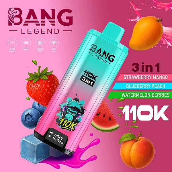 Bang Legend 110 000 zaciągnięć – jednorazowy vape 3 w 1 o smakach truskawka-mango, jagoda-brzoskwinia oraz arbuz-jagody, z wyświetlaczem cyfrowym