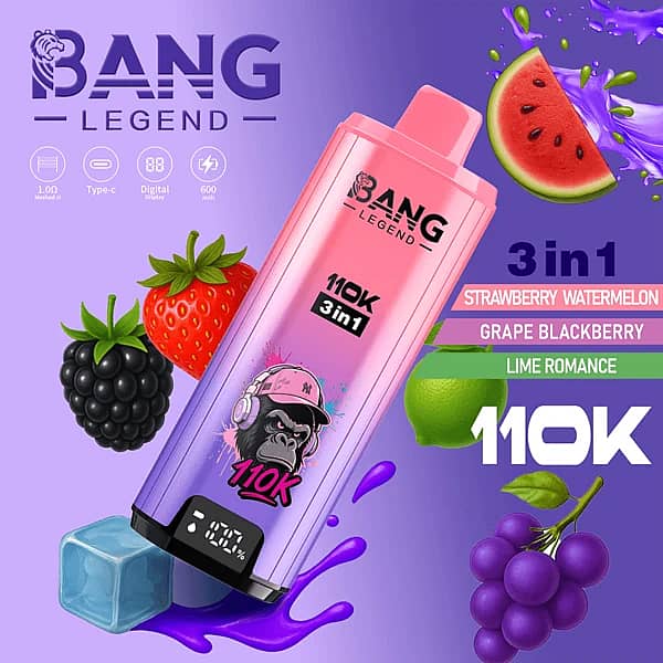 Bang Legend 110 000 zaciągnięć – jednorazowy vape 3 w 1 o smaku truskawka-arbuz, winogrono-jeżyna i limonka z wyświetlaczem cyfrowym