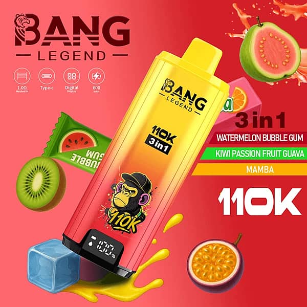 Bang Legend – jednorazowy vape z wyświetlaczem cyfrowym, 110 000 zaciągnięć, smaki: arbuzowo-gumowy, kiwi-marakuja-gwajawa oraz Mamba 3 w 1