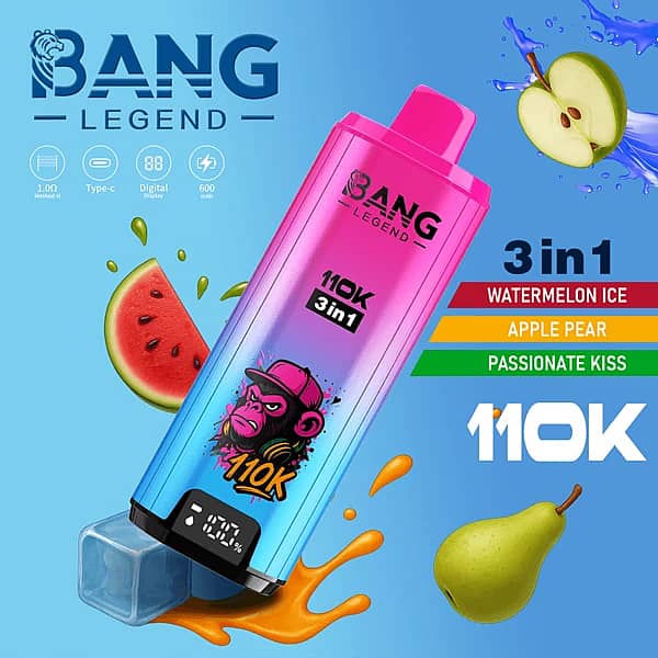 Bang Legend 110 000 zaciągnięć – jednorazowy vape 3 w 1 o smakach arbuzowego lodu, jabłka z gruszką i namiętnego pocałunku, z wyświetlaczem cyfrowym