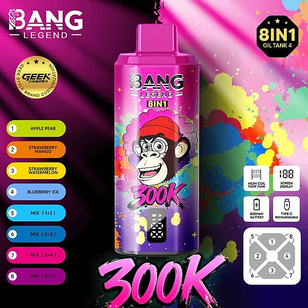 Bang Legend 300 000 zaciągnięć – jabłko i gruszka, truskawka i mango – jednorazowy vape 8 w 1 o wielu smakach z wyświetlaczem