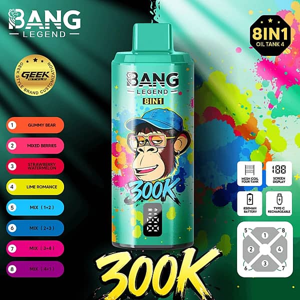 Bang Legend 300 000 zaciągnięć – żelki, mieszanka jagód, truskawka z arbuzem, limonka – jednorazowy vape 8 w 1 z wyświetlaczem cyfrowym