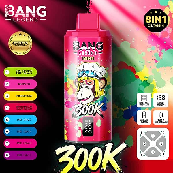 Bang Legend 300 000 zaciągnięć – smaki kiwi, marakuja i guawa, winogrono z lodem oraz Passion Kiss – jednorazowy vape 8 w 1 z wyświetlaczem cyfrowym