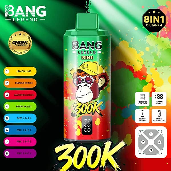 Bang Legend 300 000 zaciągnięć: cytryna i limonka, mango i brzoskwinia, arbuz z lodem, mieszanka jagód – jednorazowy vape 8 w 1 z wyświetlaczem