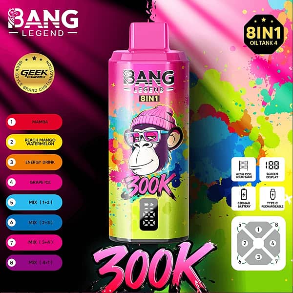 Bang Legend 300 000 zaciągnięć – Mamba, brzoskwinia-mango-arbuz, napój energetyczny, winogrono z lodem – jednorazowy vape z 8 kombinacjami smaków i wyświetlaczem