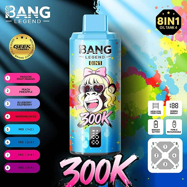 Bang Legend 300 000 zaciągnięć – marakuja i mango, brzoskwinia i ananas, jagoda i malina – jednorazowy vape 8 w 1 o wielu smakach z inteligentnym wyświetlaczem