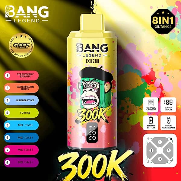 Bang Legend 300 000 zaciągnięć – truskawka i banan, arbuz i jagody, mrożona jagoda – jednorazowy vape 8 w 1 z wyświetlaczem cyfrowym