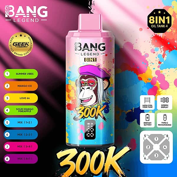 Bang Legend 300 000 zaciągnięć – Summer Vibes, Mango Ice, Love 66 – jednorazowy vape 8 w 1 z wyświetlaczem