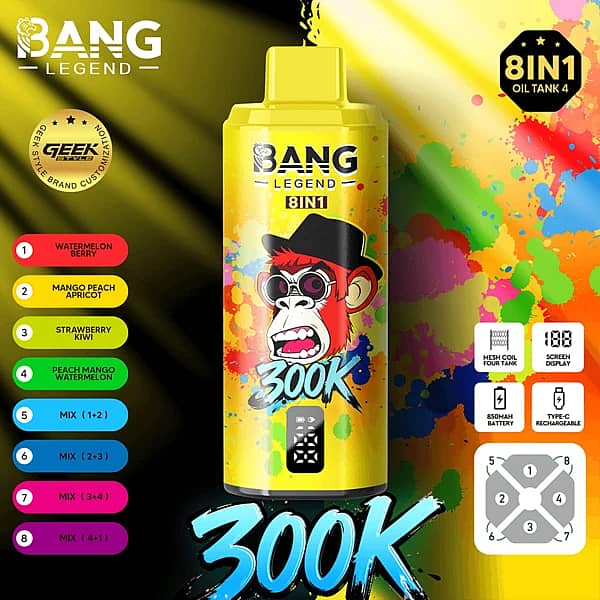 Bang Legend – jednorazowy vape 8 w 1 na 300 000 zaciągnięć, o smakach arbuza i jagód oraz mango, brzoskwini i moreli, z inteligentnym wyświetlaczem