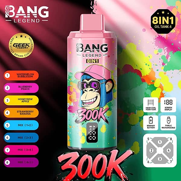 Jednorazowy vape Bang Legend na 300 000 zaciągnięć z 8 regulowanymi smakami w jednym: arbuzowo-gumowy, jagodowo-brzoskwiniowy, melonowo-jabłkowy oraz truskawkowo-bananowy