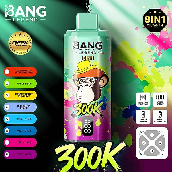 Bang Legend 300 000 zaciągnięć – arbuz i smoczy owoc, jabłko i gruszka – jednorazowy vape 8 w 1 o wielu smakach z wyświetlaczem