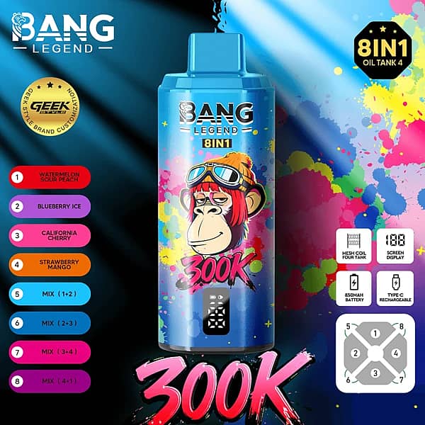 Bang Legend 300 000 zaciągnięć – Aromaty: kwaśna brzoskwinia z nutą arbuza, mrożone jagody, kalifornijska wiśnia, truskawka z mango – Jednorazowy vape 8 w 1 z wyświetlaczem