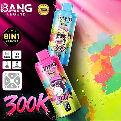 Bang Legend 300K Puffs 8-in-1 high-puff disposable vape with colorful multi-flavor device design