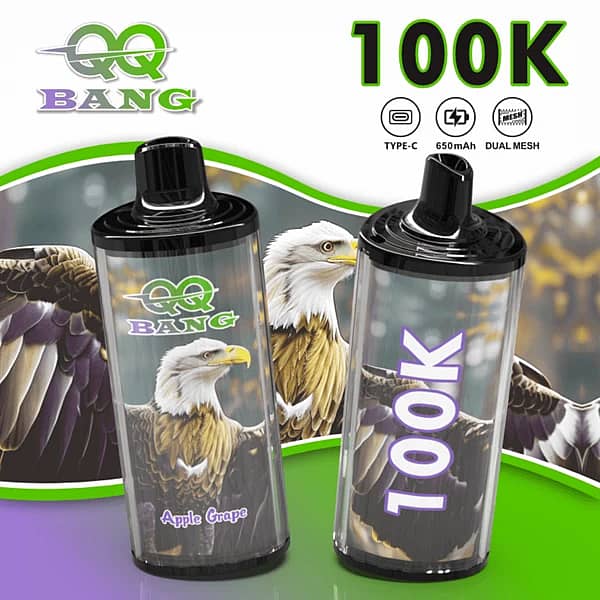 W=600,H=600,Fit=Scale Down,Gravity=Auto,Sharpen=1,Metadata=None,Format=Auto,Quality=70 Vape jetable Qq Bang 100 000 bouffées, saveur pomme-raisin, avec réservoir transparent