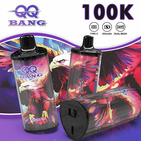 W=600,H=600,Fit=Scale Down,Gravity=Auto,Sharpen=1,Metadata=None,Format=Auto,Quality=70 Vape jetable Qq Bang 100 000 bouffées, saveur raisin glacé, avec un motif d'aigle coloré