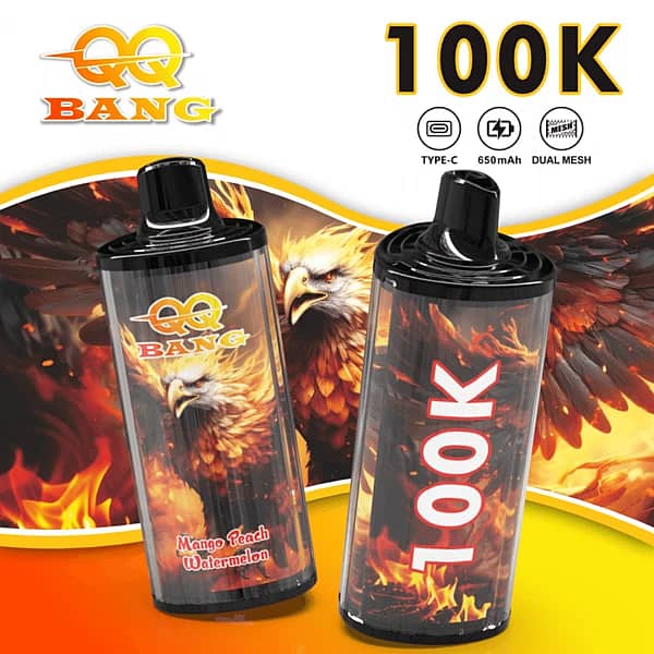 W=600,H=600,Fit=Scale Down,Gravity=Auto,Sharpen=1,Metadata=None,Format=Auto,Quality=70 Vape jetable Qq Bang 100 000 bouffées aux saveurs mangue, pêche et pastèque, avec corps transparent
