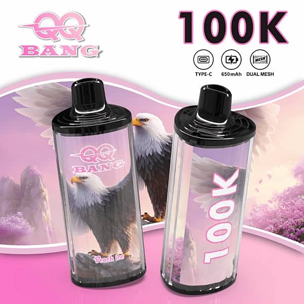 W=600,H=600,Fit=Scale Down,Gravity=Auto,Sharpen=1,Metadata=None,Format=Auto,Quality=70 Qq Bang : vapoteuse jetable « Peach Ice » de 100 000 bouffées, avec corps transparent
