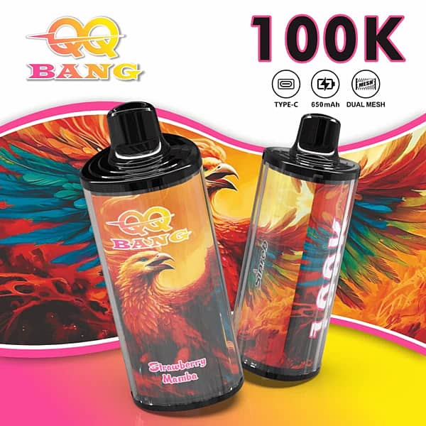 W=600,H=600,Fit=Scale Down,Gravity=Auto,Sharpen=1,Metadata=None,Format=Auto,Quality=70 Qq Bang : vapoteuse jetable « Strawberry Mamba » de 100 000 bouffées, avec un motif coloré représentant un phénix