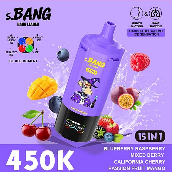 Bang Leader 450K Puffs Mixed Berry 15-In-1 Disposable Vape, Adjustable 4-Level Ice Sensation