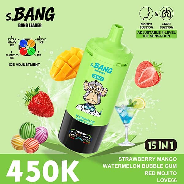 Bang Leader 450K Puffs Watermelon Bubble Gum 15 In 1 Multi-Flavor Disposable Vape With Adjustable Ice Sensation