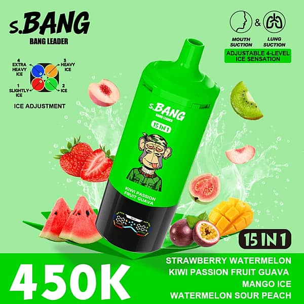 Bang Leader 450K Puffs Kiwi Passion Fruit Guava 15-In-1 Multi-Flavor Disposable Vape With Adjustable Ice Sensation