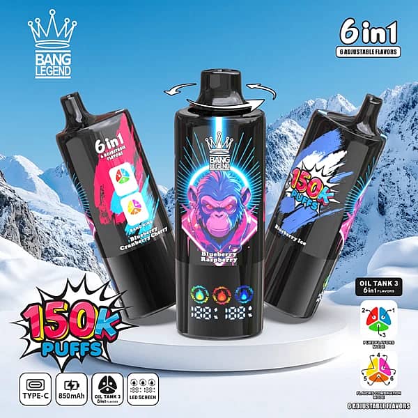Bang Legend 150K Puffs Blueberry Raspberry Disposable Vape With 6 In 1 Adjustable Flavors