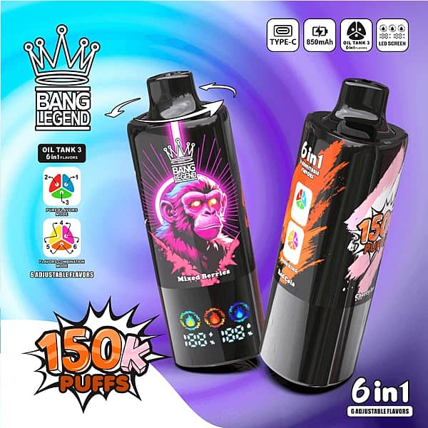 Bang Legend 150K Puffs 6 Adjustable Flavors Disposable Vape With A Digital Display