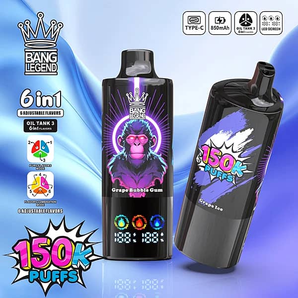 Bang Legend 150K Puffs 6-In-1 Adjustable Flavors Disposable Vape With Grape Bubble Gum And Grape Ice Flavors, And An Led Screen