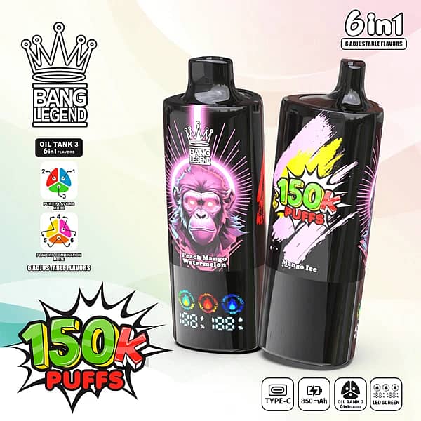 Bang Legend 150K Puffs 6-In-1 Adjustable Flavors Disposable Vape With Led Screen