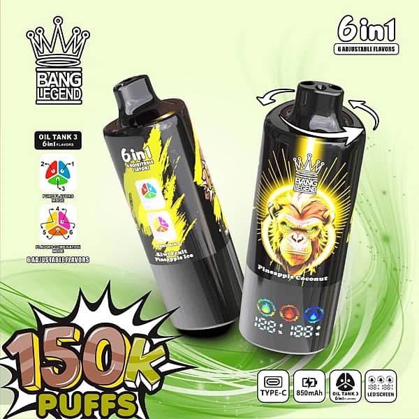 Bang Legend 150K Puffs 6-In-1 Adjustable Flavors Disposable Vape With Led Screen