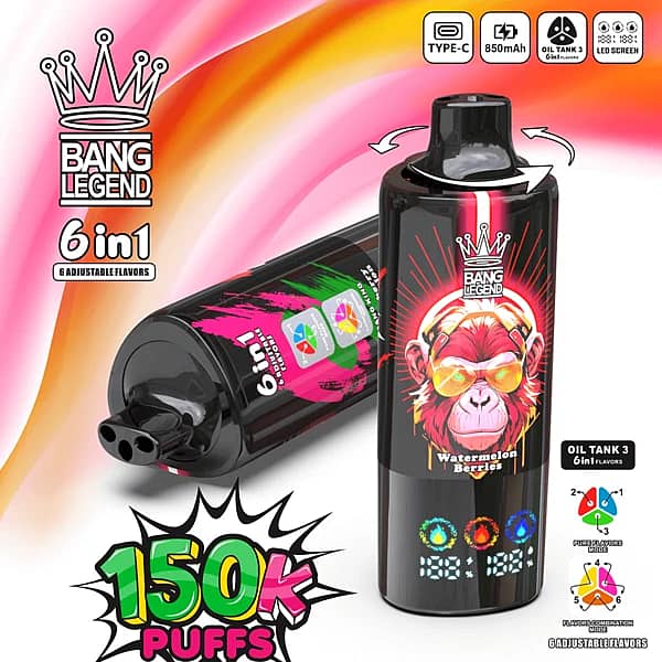 Bang Legend 6-In-1 150K Puffs Watermelon Berries Disposable Vape With An Led Screen