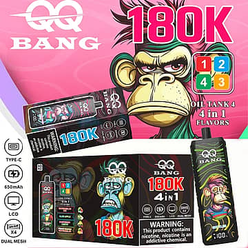 QQ Bang 180K Puffs 4-in-1 multi-flavor disposable vape with an LCD screen
