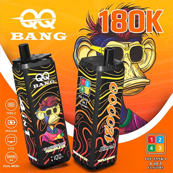 Qq Bang 180K Puffs 4-In-1 Disposable Vape With Blackcurrant Pineapple Ice, Peach Pear Ice Flavors, And A Digital Display