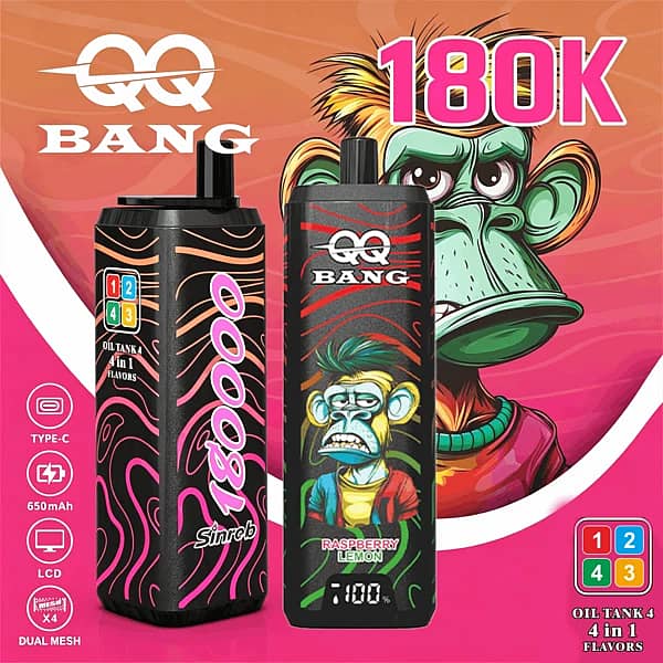 Qq Bang 180K Puffs 4 In 1 Flavors Disposable Vape With Lcd Screen