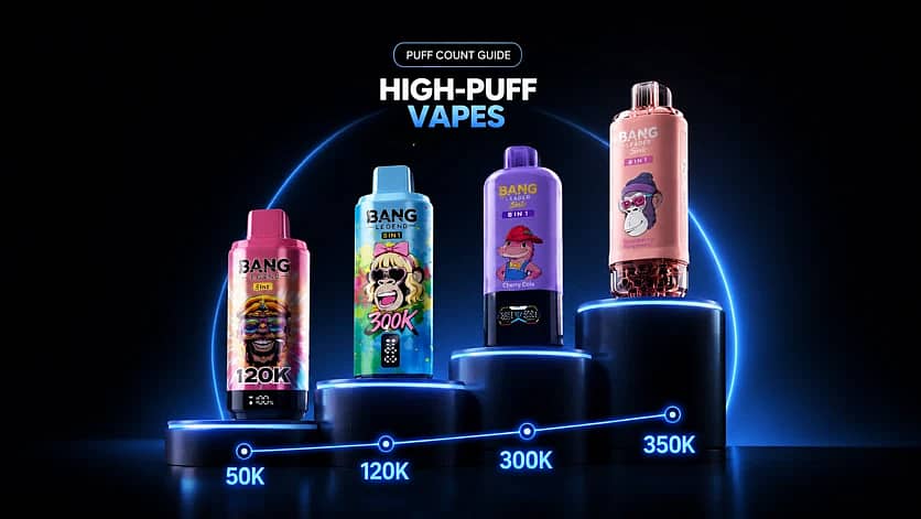 High-puff disposable vapes comparison with 50K, 120K, 300K and 350K puff count options