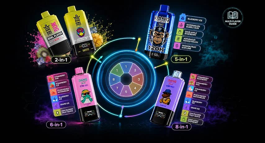 Multi-flavor disposable vapes guide showing 2-in-1, 5-in-1, 6-in-1 and 8-in-1 vape systems